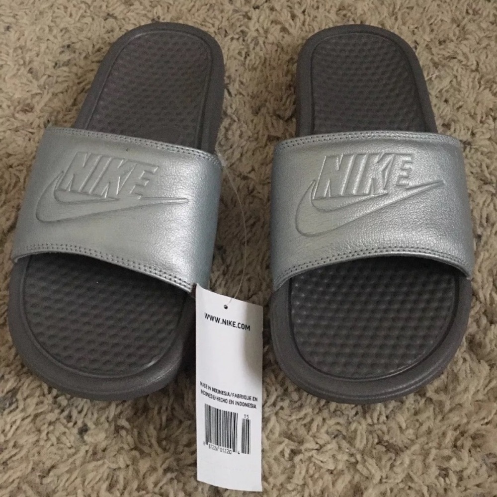 Nike benassi JdI slide sandals metallic silver